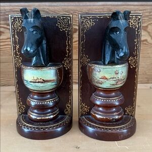 Antique Wood Carved Horse Head Bookends with Handpainted Scenes of Havana, Cuba